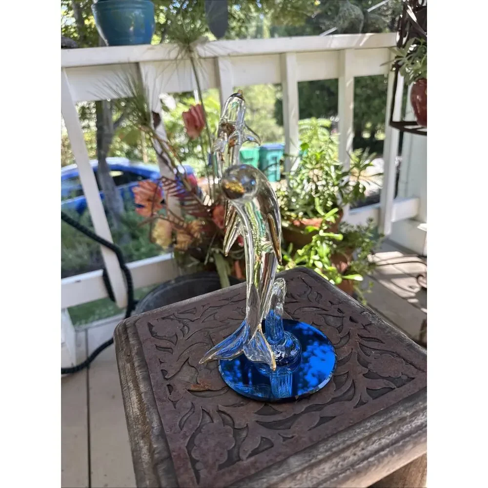 Vintage Blown Glass Leaping Dolphins Figurine 24K Gold Trim Blue Mirror Base